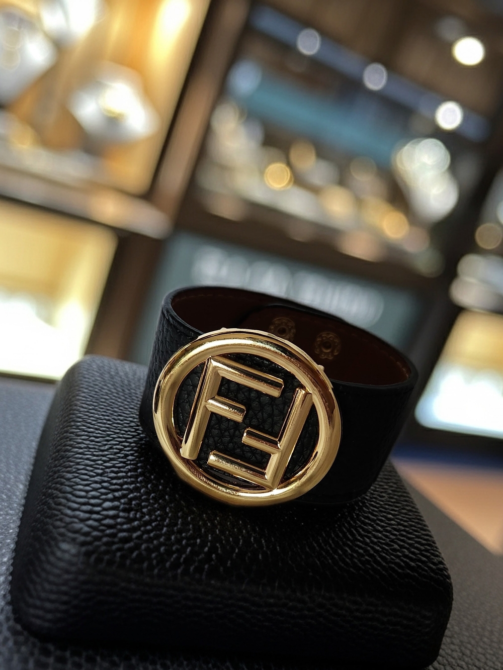 Fendi Black Faux Leather Bracelet with Metal Logo